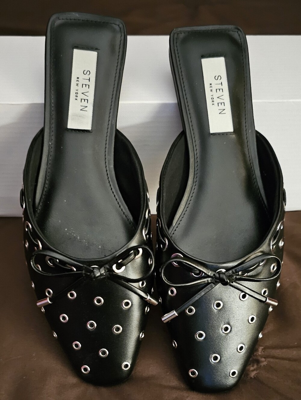 Steven New York - Black Flat Mules W/Silver Grommets Square Toe- Size 6